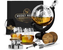 Whiskey Masters Whiskey Karaf - Wereldbol - Luxe Whisky Karaf Set - 0,9 L - Decanteer karaf - Whiskey Set - Incl. 8 RVS Whiskey Stones, 2 Whiskey Glazen & Extra Accessoires Image