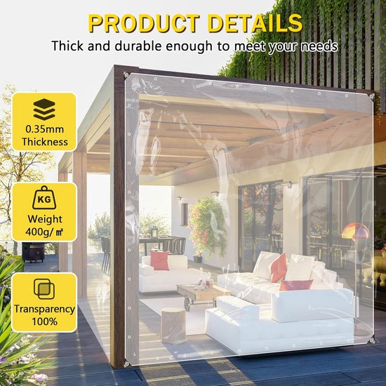 tow000ack Dekzeil,Waterdicht Transparant Zeil met ogen,PVC Doorzichtig Tentzeil,0,35 mm,Weerbestendig Opvouwbaar Afdekzeil,Multifunctioneel Zeildoek voor Buiten,Terras,400g/㎡,met Touw (300cm x 800cm