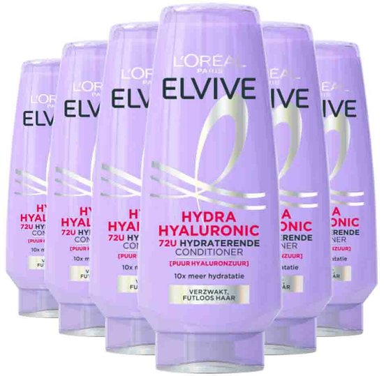 Six bouteilles d'après-shampooing L'Oréal Elvive Hydra Hyaluronic sur fond blanc.