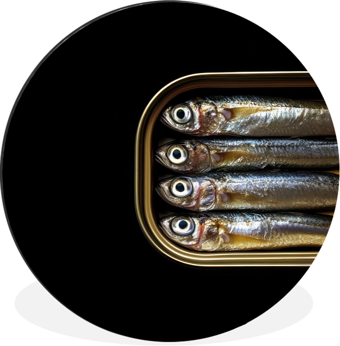 WallCircle Wandcirkel - Muurcirkel - Sardines - Blik - Zwart - Vissen - Aluminium - Dibond - 30x30 cm - Binnen en Buiten