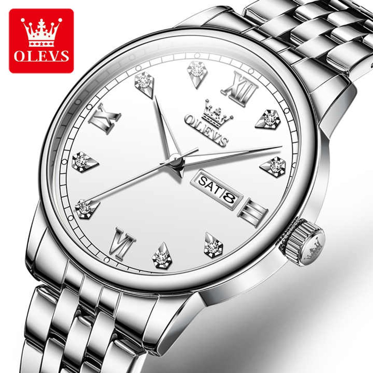 HO-5525.z : Olevs stijlvol zilverkleurig edelstaal quartz horloge, witte wijzerplaat, weekdag datum