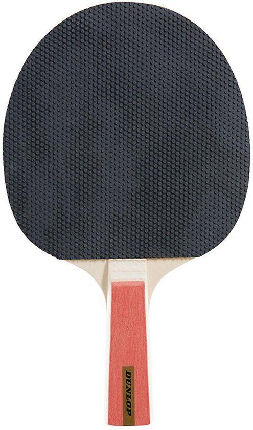 Tafeltennisbat met zwart rubber aan één kant en een roze handvat met DUNLOP logo.
