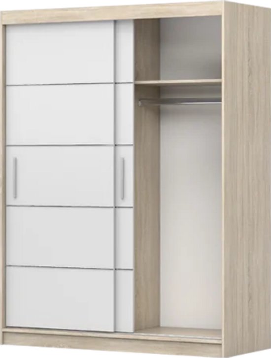 Schuifdeurkast LARA 06 – 2-deurs kledingkast, legplanken en kledingroede – modern design – 150x200x61 cm - LARA 06 (Sonoma + Wit)