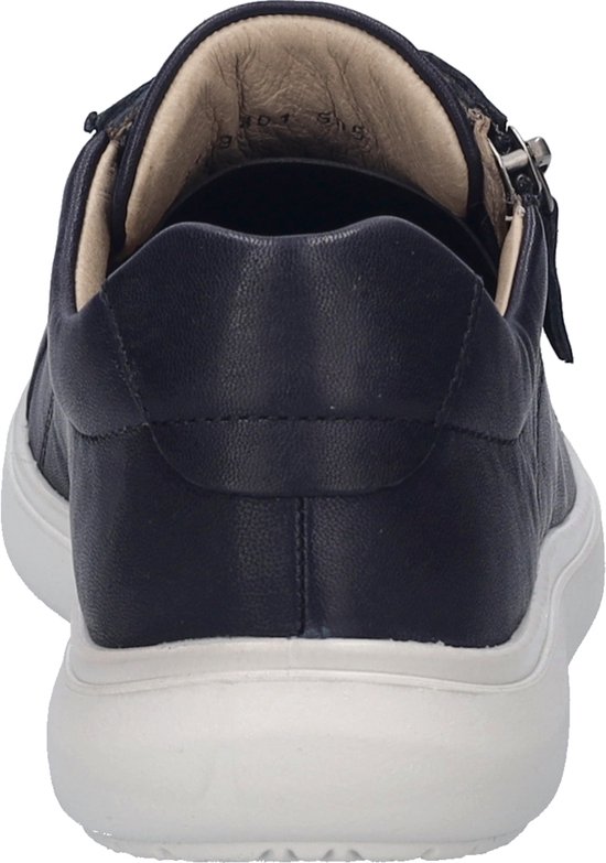 Arrière d'une sneaker marine en cuir avec semelle blanche et fermeture éclair latérale.