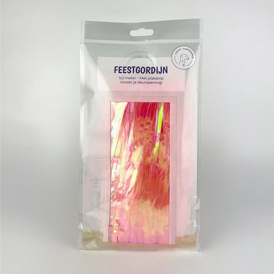 Verpakking van een roze glittergordijn van 1x2 meter met plakstrip.
