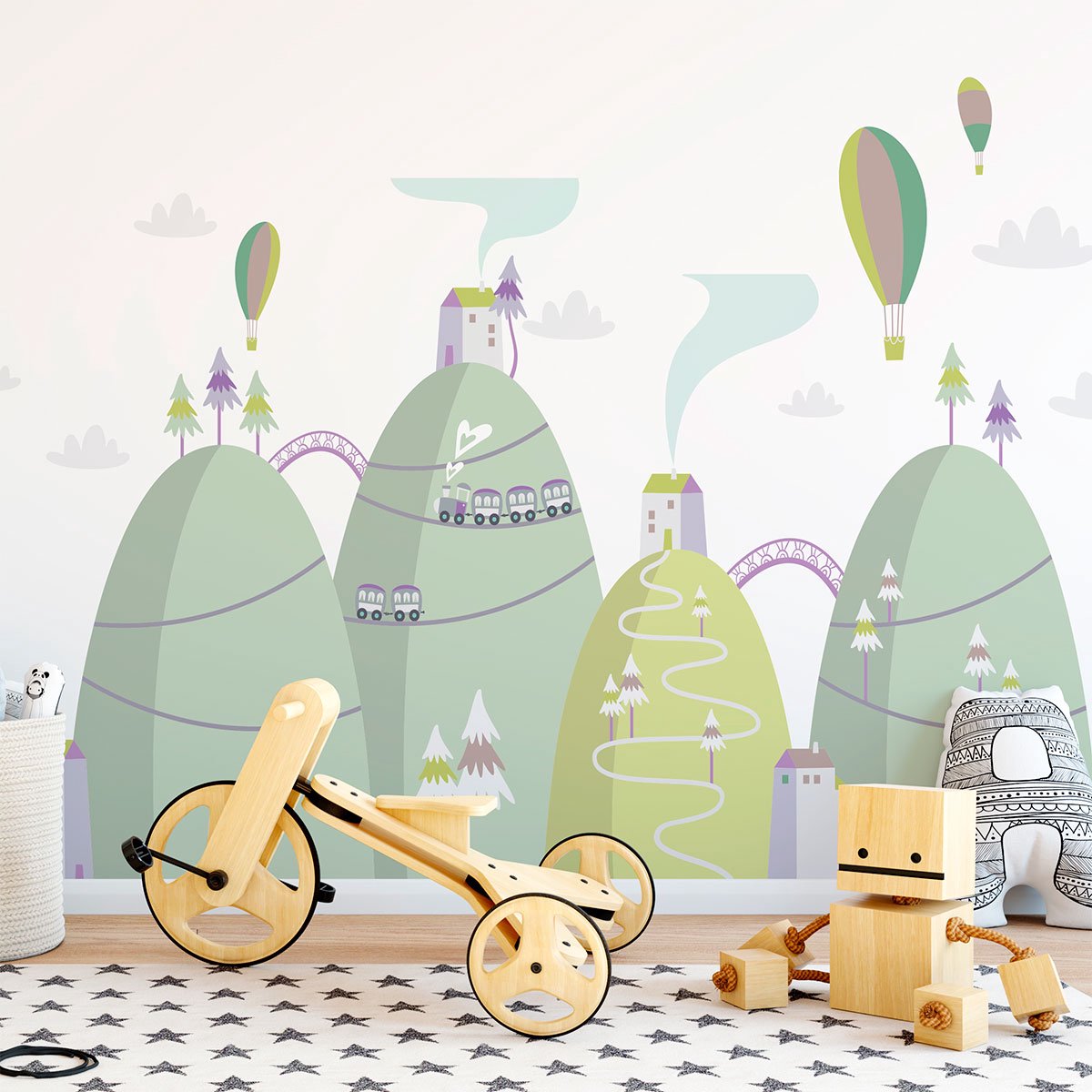 Ambiance Sticker Scandinavische bergstickers met luchtballonnen, 120 x 180 cm Multi color