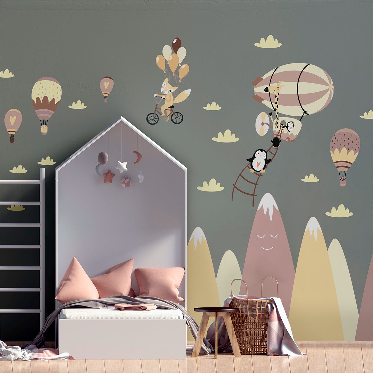 Ambiance Sticker Scandinavische bergstickers met dieren in de lucht, 70 x 105 cm Multi color