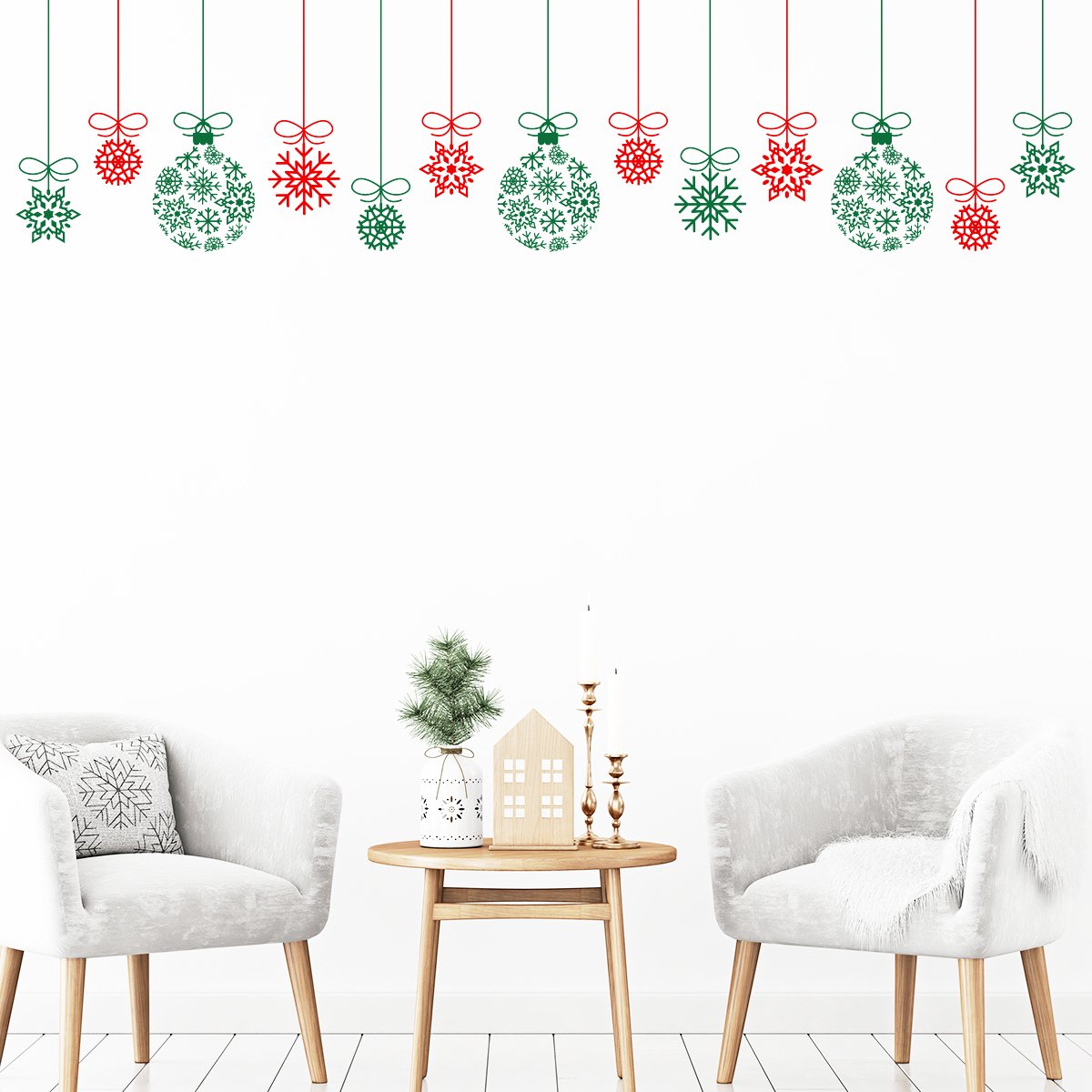 Kerststicker, rode en groene kerstballenslinger - zelfklevende kerststickers - feestdecoratie - 30x30cm