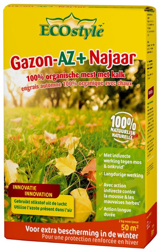 Verpakking ECOstyle Gazon-AZ+ Najaar met herfstbladeren op een gazon, 100% natuurlijk.