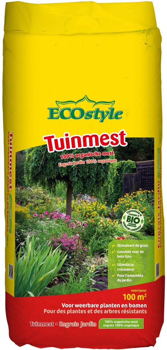 ECOstyle Tuinmest Organische Meststof - Border & Siertuin - Natuurlijke Meststof Gazon - 120 Dagen Voeding- 100 M² - 10 KG