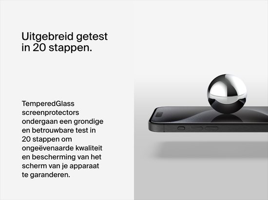 Tekst en afbeelding: Uitgebreid getest in 20 stappen, met een zilveren bol op een telefoon.
