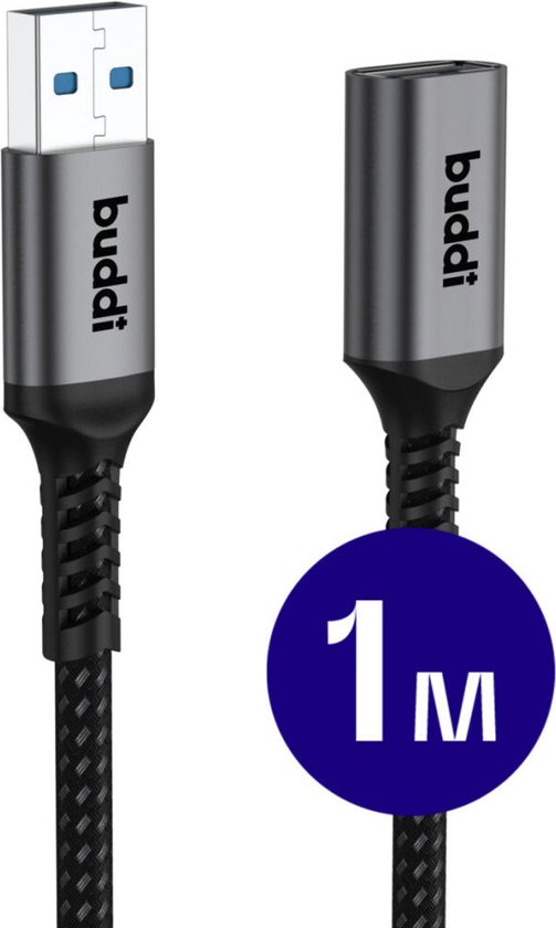 Buddi Flex | USB-A naar USB-A Verlengkabel | USB 3.0 | Female naar Male | Geschikt voor printers, telefoon, USB-sticks, harde schijven en meer | USB Verlengsnoer | Gevlochten Nylon | 1M | Zwart