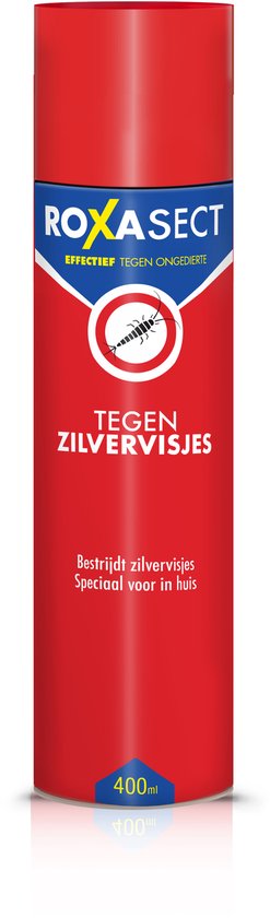 Rode spuitbus Roxasect 'Effectief tegen Ongedierte' met symbool zilvervisje en tekst 'Tegen Zilvervisjes'. 400ml.