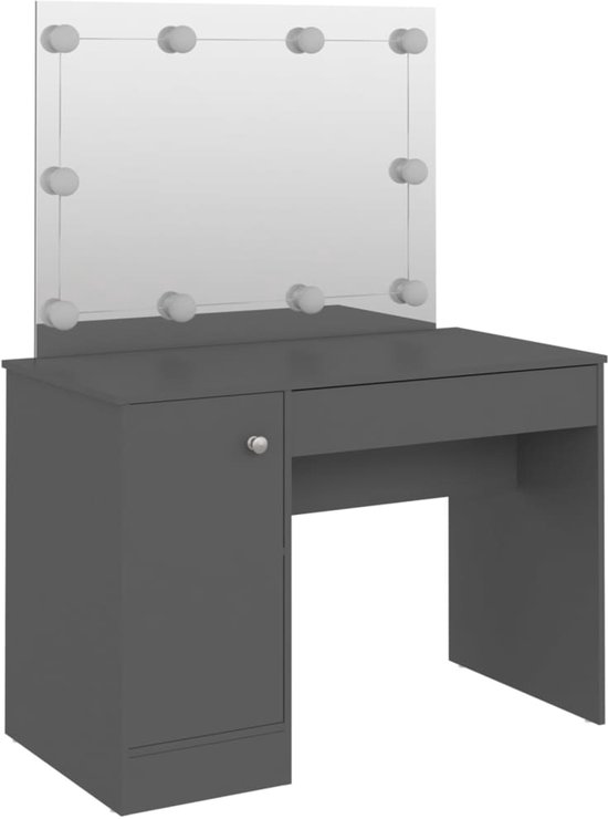 Hzuaneri Kaptafel met Spiegel en 10 Led Verlichting,met 3 Planken & 4 Open Compartimenten, Kaptafel met Grote Lade & Kast, 3 Verstelbare Lichtsterkte, GreigeVT08105X