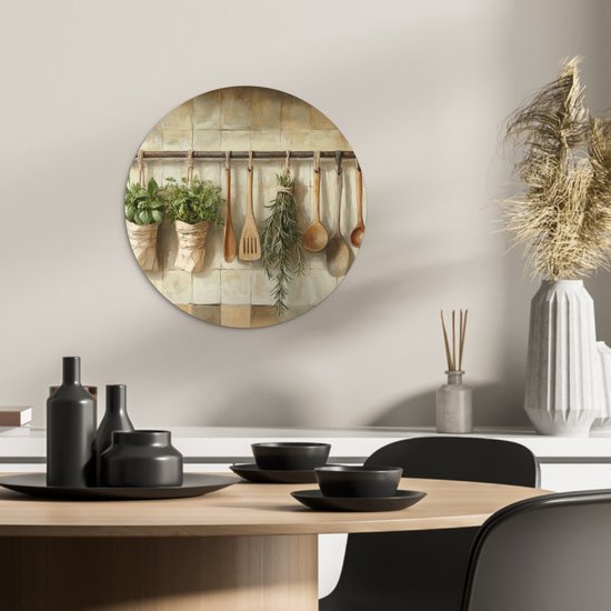 WallCircle® Wandcirkel 30x30 cm - Muurcirkel Hout - Keukengerei - Stilleven - Tegels - Muurdecoratie woonkamer - Wanddecoratie keuken - Kamer decoratie accessoires - Ronde schilderijen