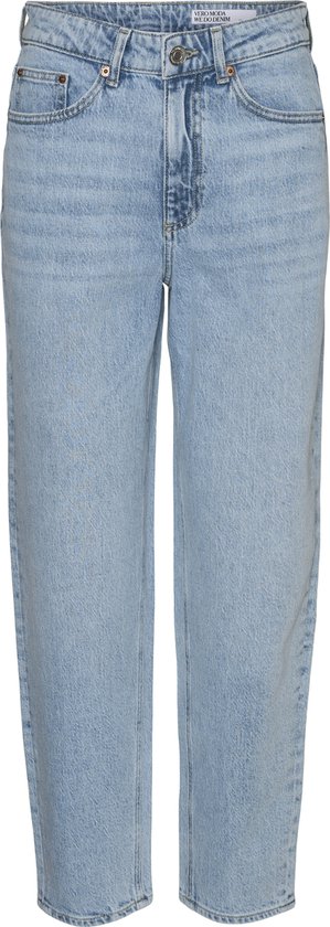 Lichtblauwe jeans met een hoge taille en rechte pijpen. De voorkant heeft een ritssluiting en twee zakken.