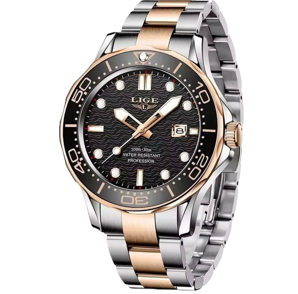 Lige Herenhorloge - Polshorloge - Heren - Cadeau - Horloge - Geschenkdoos - Mannen - Rosé Zwart - RVS