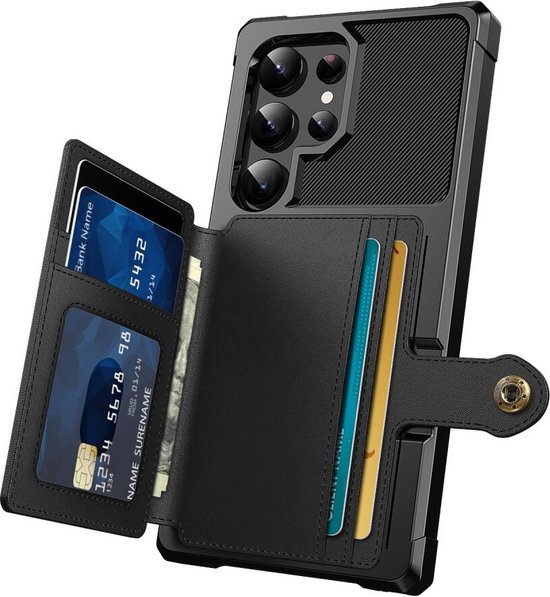 Portemonnee Hoesje Geschikt voor Samsung Galaxy S25 Ultra - Back Cover met Pasjeshouder - Telefoonhoesje voor Pinpas - Kaarthouder op Achterkant - Case met Magneet Zwart