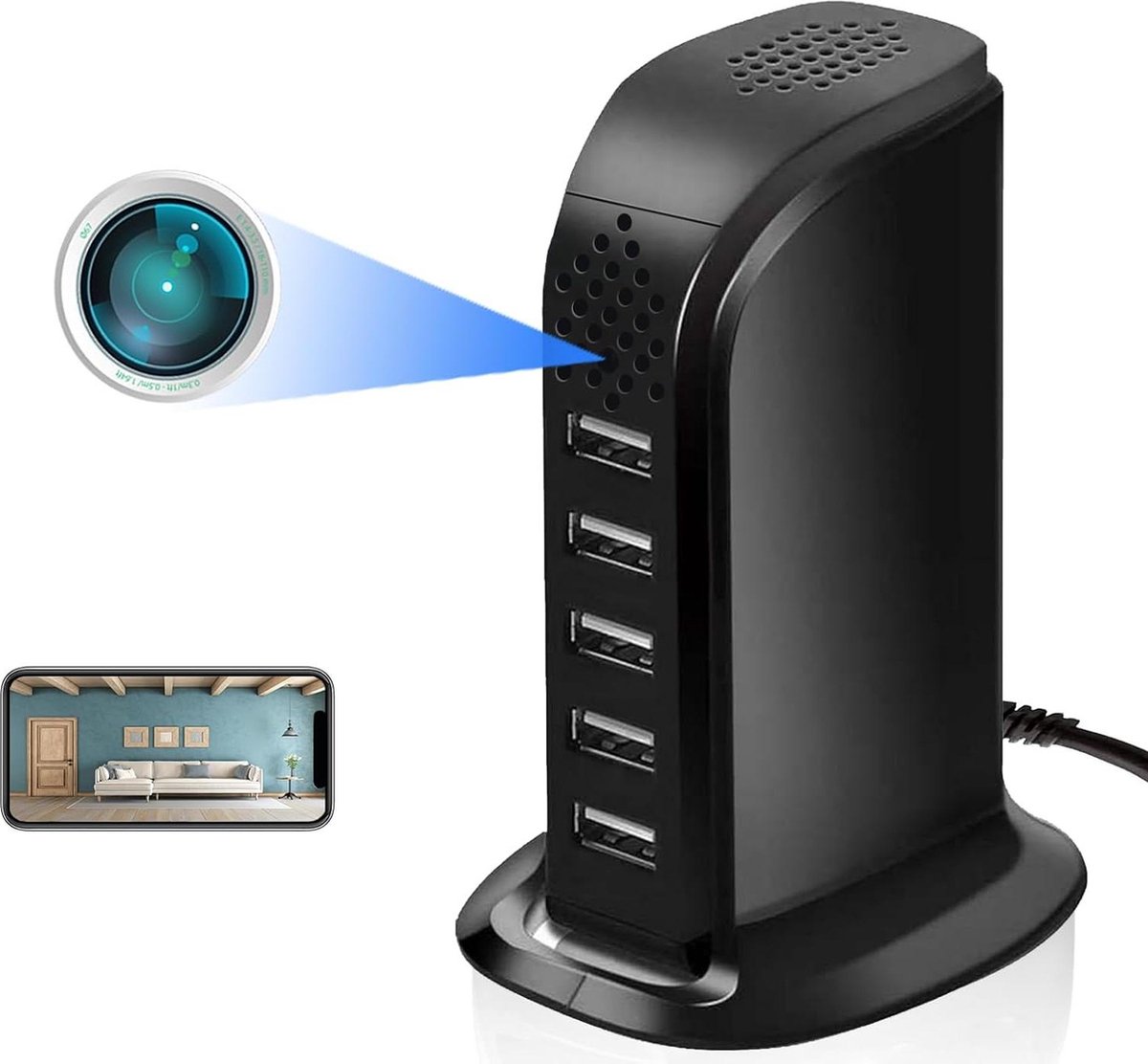 HD 1080p draadloze verborgen camera in 5-poorts laadhub - live streaming - bewegingsdetectie - afstandsbediening - voor thuisbeveiliging
