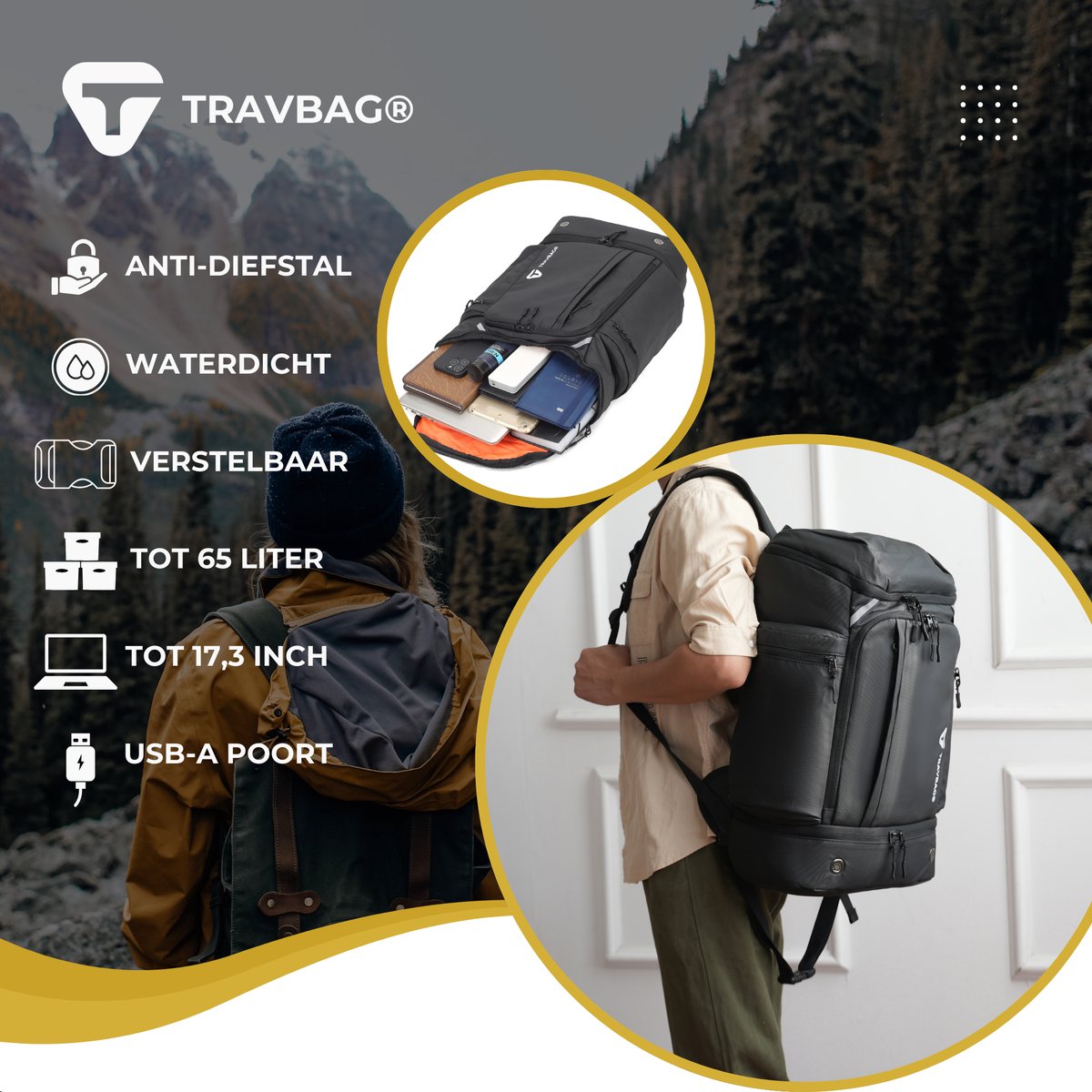 TRAVBAG® PIONEER - Rugtas - Rugzak - School Tas - 50 Liter - Thermo vak - Koel vak - Meerdere kleuren - Backpack Reistas - Draagcomfort - Functioneel - Anti diefstal - Laptop - 17 inch - Waterafstotend - USB Oplaadpoort - Schoenen vak – foto 2