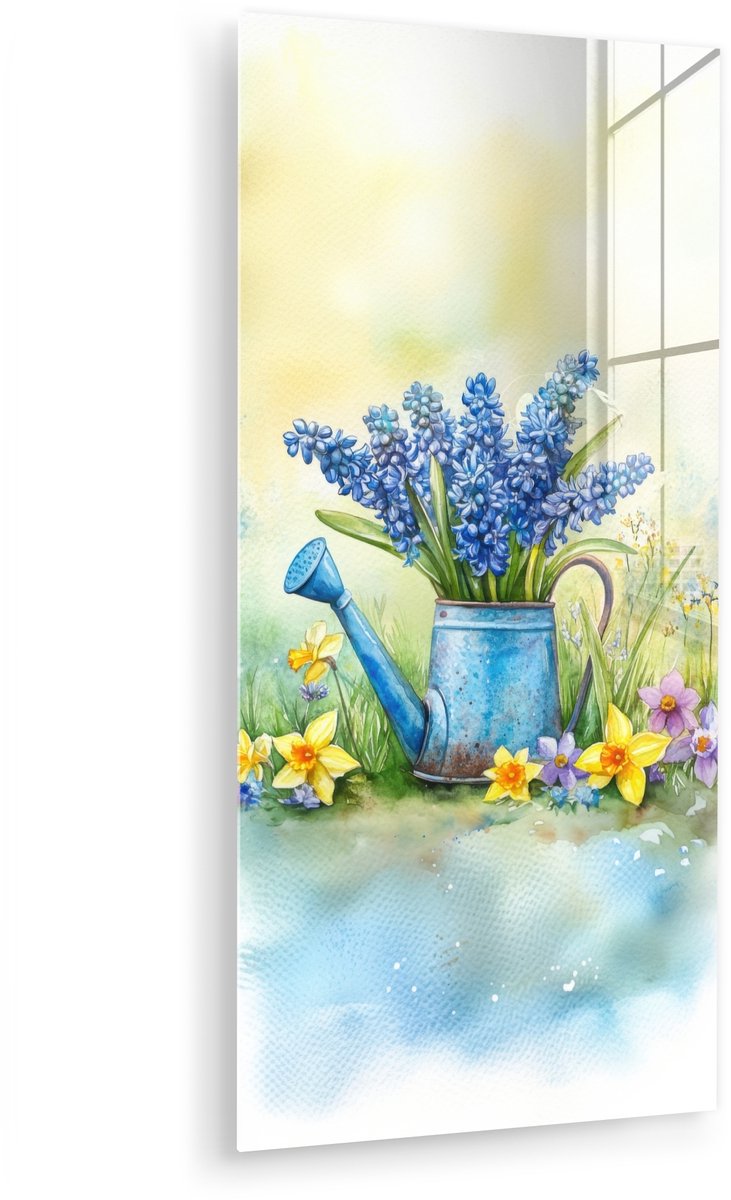 MuchoWow® Glasschilderij 60x120 cm - Schilderij acrylglas - Gieter - Lavendel - Bloesems -
