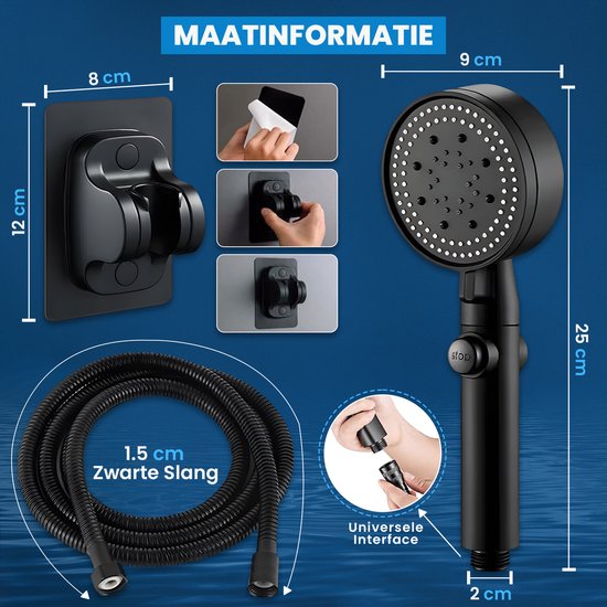 DoucheSet - Douchekop met Slang, Houder & Badmuts/Douchemuts - Waterbesparend – Hoge druk – Regendouche - Zwart Mat