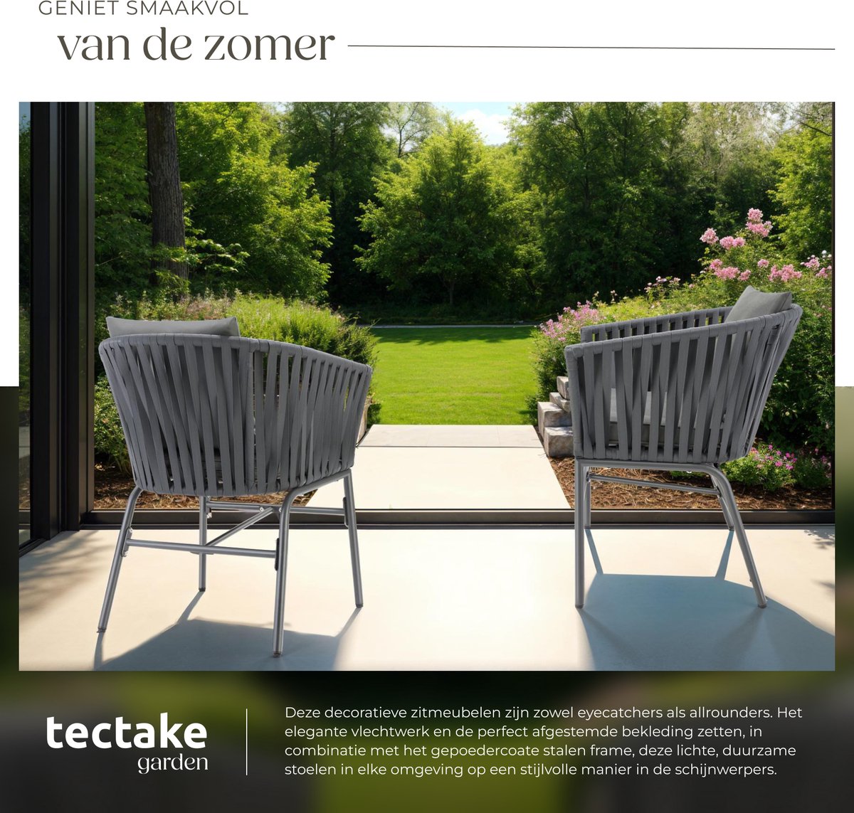 tectake® Tuinstoelen Valeiras - Set van 4 - Metalen Buitenstoel met Rope Design - Terrasstoel met Armleuningen - Tuinstoel - Tuin Fauteuil - Tuinmeubels - Tuinset met Waterafstotende Kussens en Verstelbare Poten – foto 3