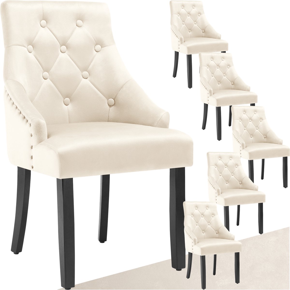 tectake® - Set van 6 eetkamerstoelen Everdeen - Fluweellook, gestikt - Met armleuningen - Massieve houten poten - Stoel voor de woonkamer, eetkamer, keuken - Grote rugleuning - Crème / zwart