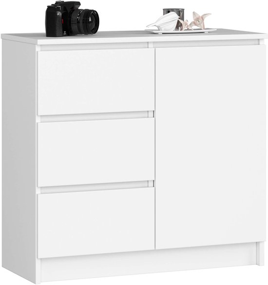 Commode Jerry Witte K80 – Avec 3 tiroirs et 1 porte, Wit mat, à monter soi-même