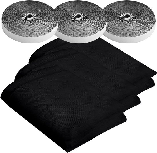 Vliegengaas voor ramen, zonder boren, 130 x 150 cm, insectenbescherming voor ramen, muggennet, raam, vliegengaas, zwart, met klittenband, 6 stuks