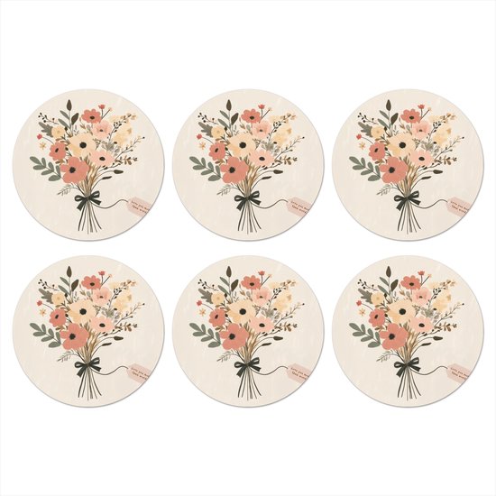 Dessous de verre Fleurs - Citation - Beige - Ruban - 10x10 cm - 6 morceaux - Sous pour Verres et Tasses