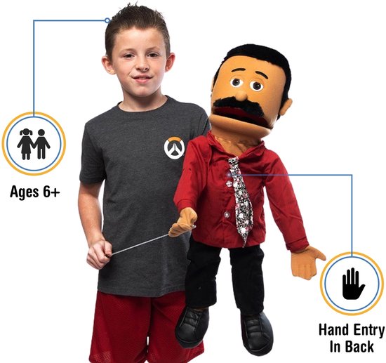 Jongen van 6+ met handpop Carlos, met bewegende mond en handinvoer aan de achterkant.