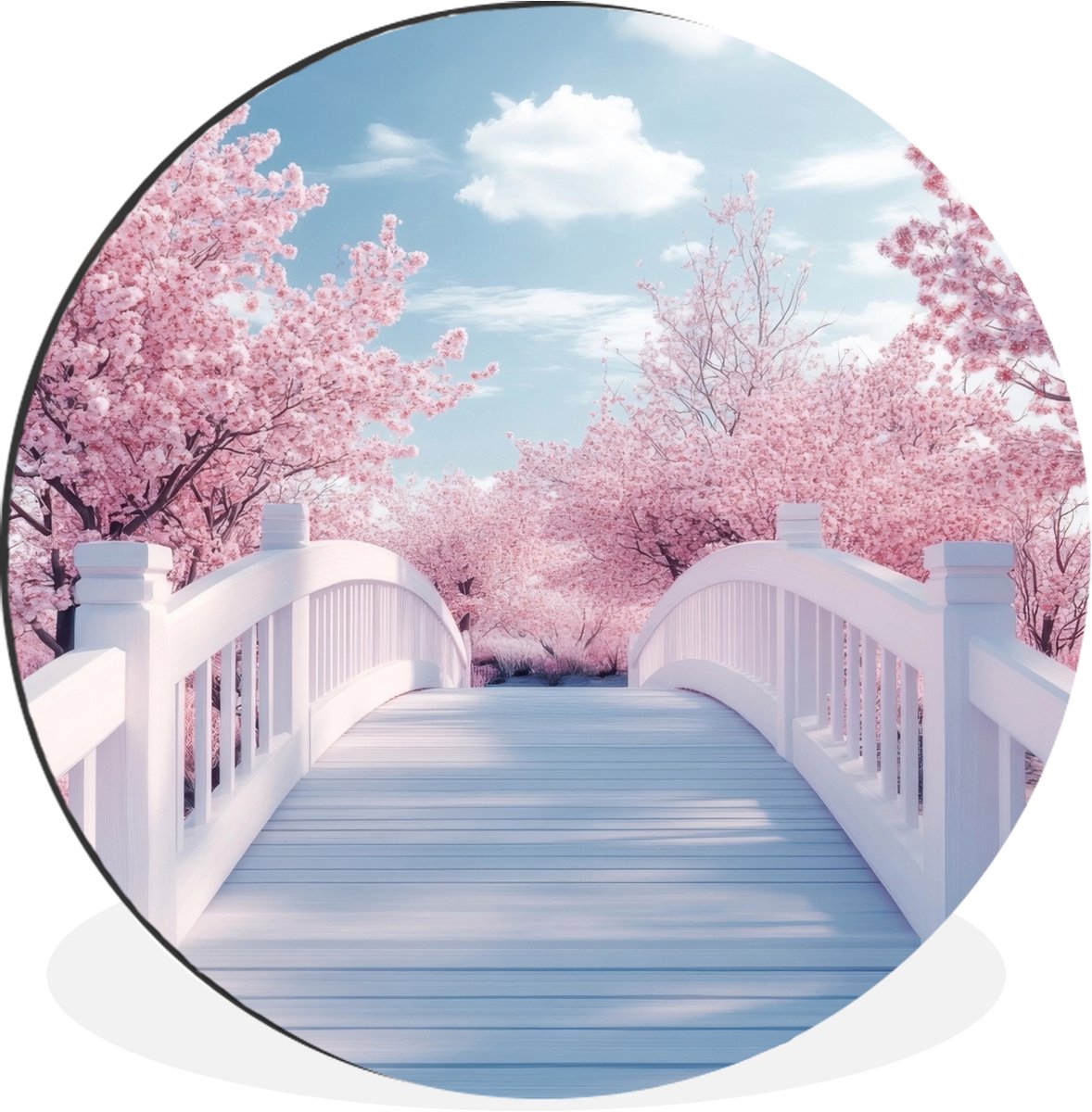 WallCircle Wandcirkel - Muurcirkel - Brug - Kersenbomen - Wit - Aluminium - Dibond - 120x120 cm - Binnen en Buiten Brug - Sakura