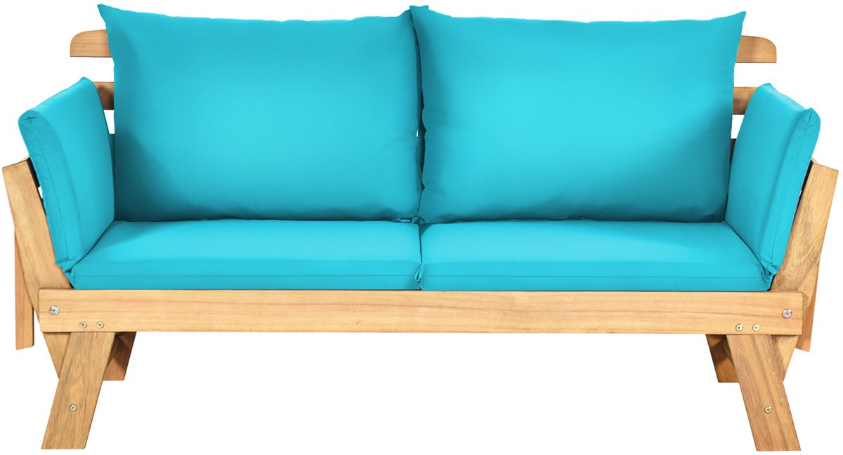 COSTWAY Tuinbank met ligfunctie, tuinbank met kussens en inklapbare armleuning, balkonbank van hout, zitbank voor tuin, terras, balkon, 198 x 75 x 75 cm, turquoise