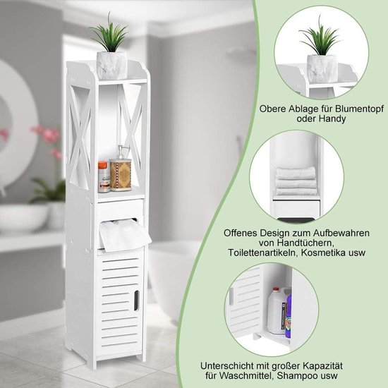 OHMG Badkamerkast, smalle hoge kast, staande badkamerkast, badkamermeubelkast, toiletkast met wc-papierstandaard, meubelrek, voor toilet, slaapkamer, keuken, woonkamer, 22 x 22 x 78 cm, wit