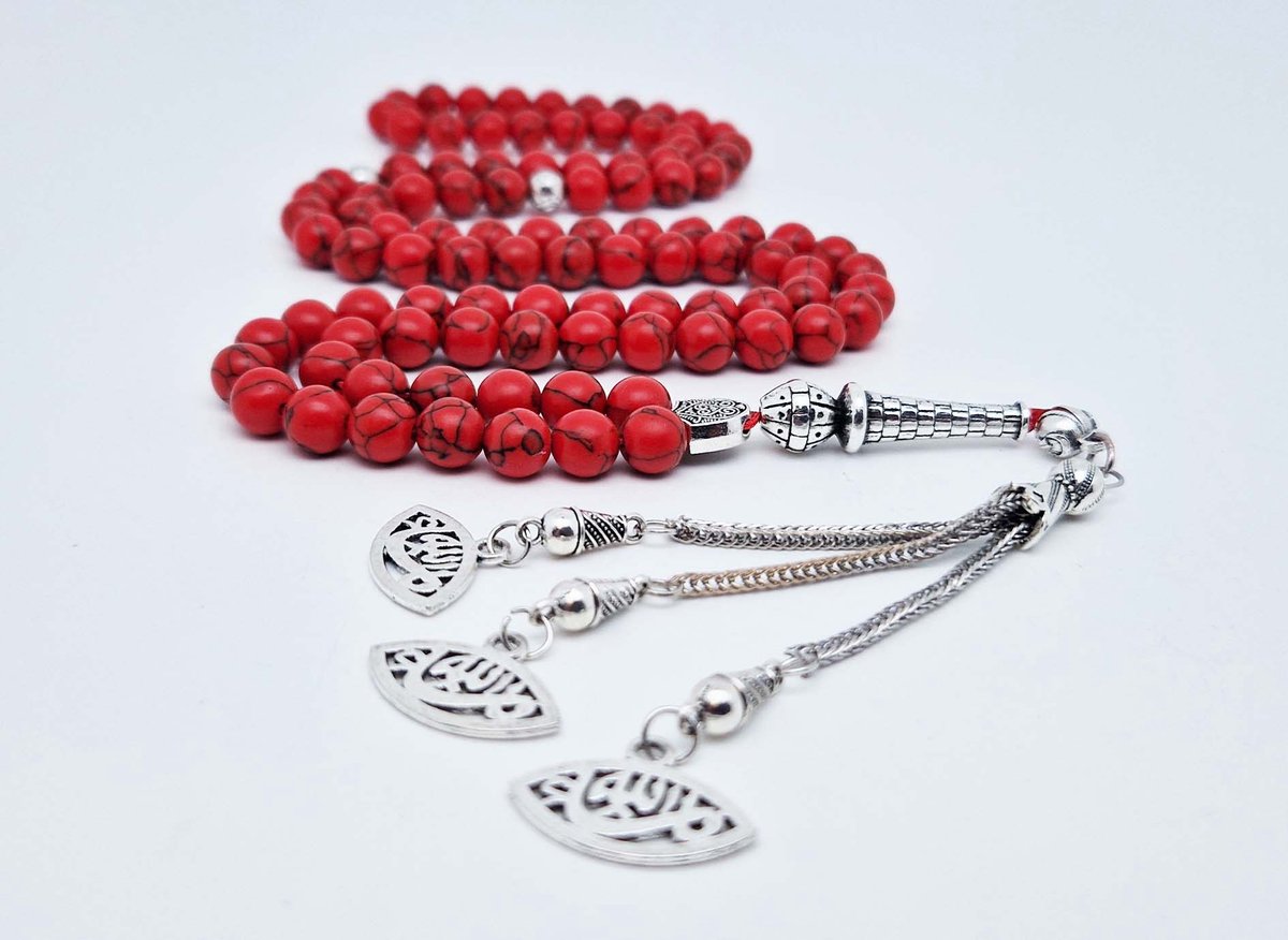 Handgemaakte tesbih "Tasbih" natuursteen "Rode howliet" - Aantal kralen 99 - Diameter kralen 8MM - met metaal tassel "Ogen" - Een mooi cadeau-idee