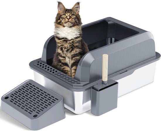 Gimars Roestvrijstalen kattenbak met kattenbakmat, donkergrijs, C