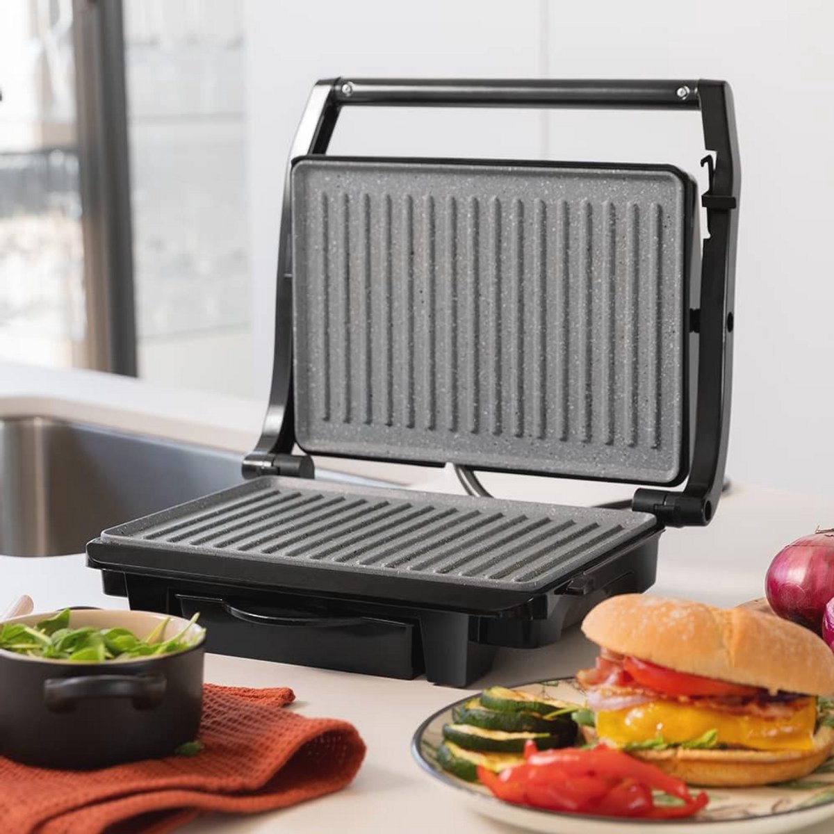 Elektrische Grill met Steencoating - 1000W - Vetopvangschaal en Drijvend Oppervlak - 25,4 x 17,5 cm
