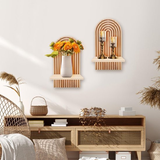 Hangende Planken Boho Wanddecoratie Set van 2 - Macramé - Rustieke Houten Drijvende