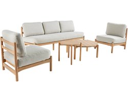 sweeek - Tuinset copacabana 5 plaatsen van acaciahout, beige linnen hoes, één bank, twee fauteuils, twee ronde tafels