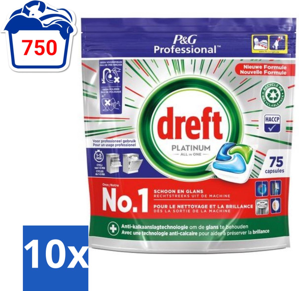 10 x Dreft Professional - Platinum - All In One - Vaatwascapsules - 75 Afwasbeurten - Vaatwassen - Vaatwasser Reinigen - Vaatwassen Capsules - Vaatwassen Kracht - Vaatwassen Glans