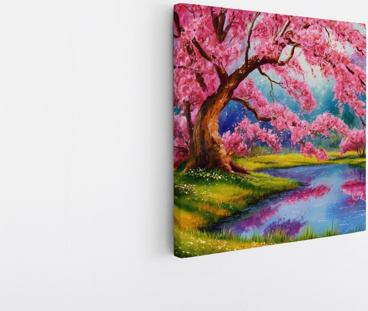 Saammp Canvas Schilderij - Roze boom aan een meer - Natuur - Landschap - 100x100 - Foto op canvas - Wanddecoratie - Muurdecoratie Woonkamer - Slaapkamer decoratie - Canvas Print Multicolor