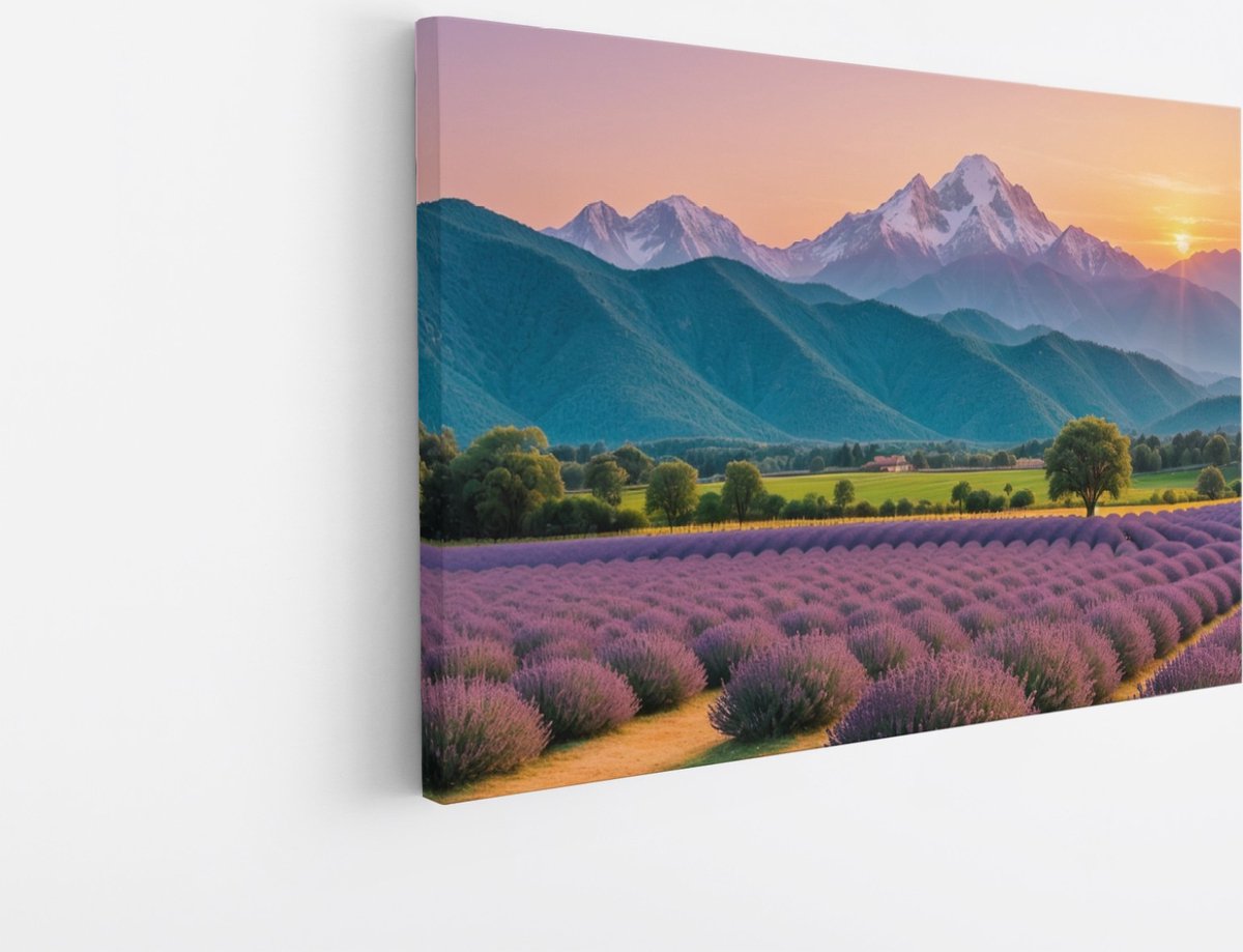 Saammp Canvas Schilderij - Bloemen - Lavendel met bergachtig landschap - Natuur - 50x40 - Foto op canvas - Wanddecoratie - Muurdecoratie Woonkamer - Slaapkamer decoratie - Canvas Print Multicolor
