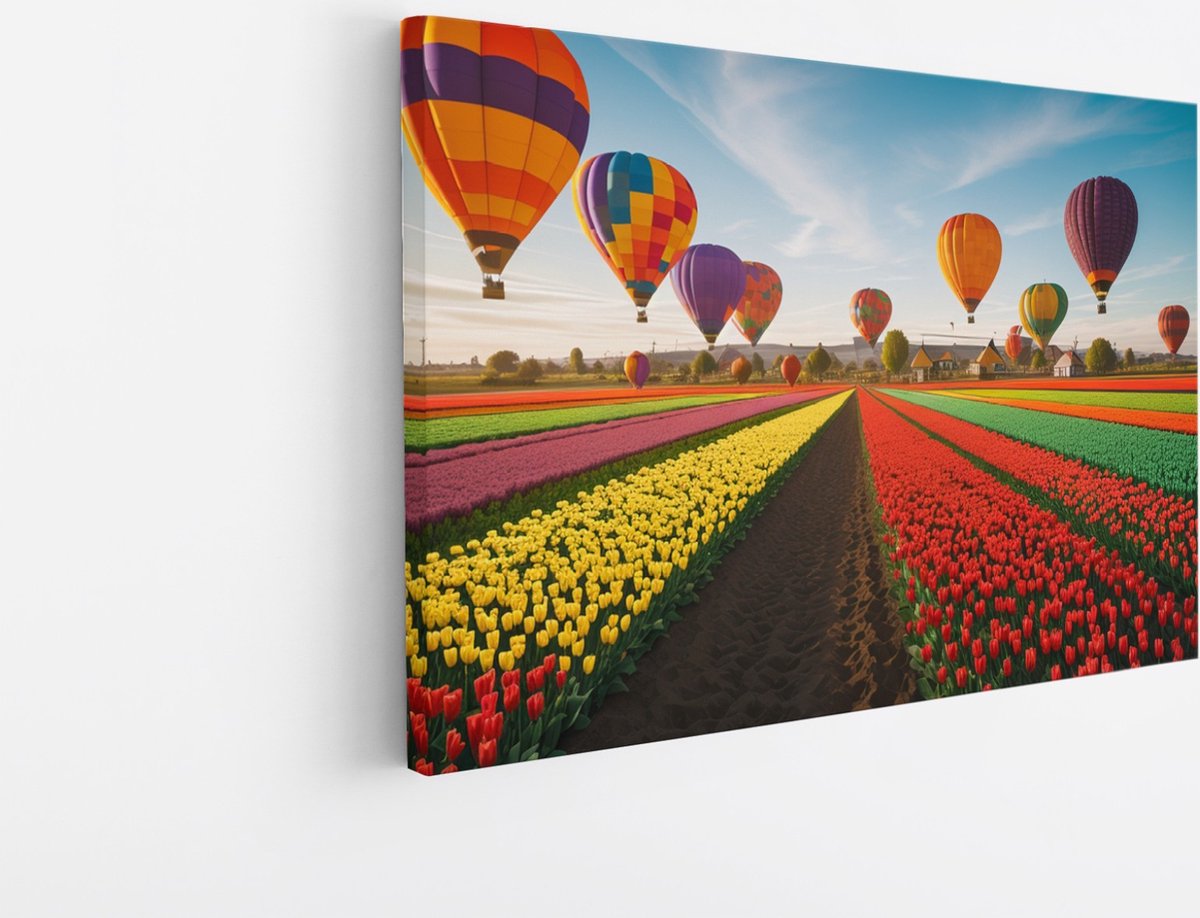 Saammp Canvas Schilderij - Landschap - Luchtballonnen boven een tulpenveld - Natuur - 50x40 - Foto op canvas - Wanddecoratie - Muurdecoratie Woonkamer - Slaapkamer decoratie - Canvas Print Multicolor