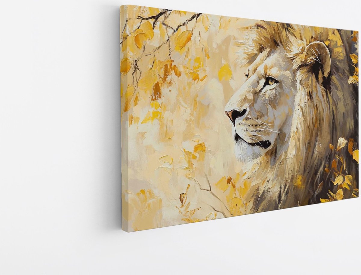 Saammp Canvas Schilderij - Leeuw tussende gele bladeren - Dieren - Natuur - 50x40 - Foto op canvas - Wanddecoratie - Muurdecoratie Woonkamer - Slaapkamer decoratie - Canvas Print Multicolor