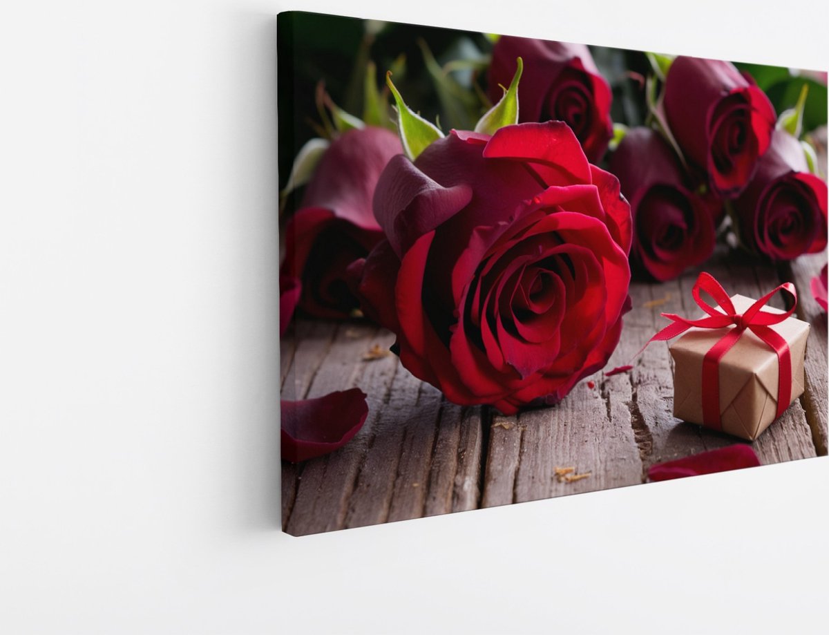 Saammp Canvas Schilderij - Abstracte Rode Rozen met Cadeau - Tijdloos - Abstract - 40x30 - Foto op canvas - Wanddecoratie - Muurdecoratie Woonkamer - Kantoor Decoratie Multicolor