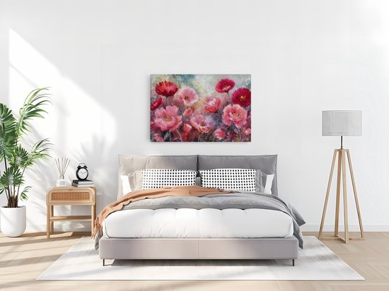 Saammp Canvas Schilderij - Roze met rode bloemen - Abstract - 30x20 - Foto op canvas - Wanddecoratie - Muurdecoratie Woonkamer - Kantoor Decoratie