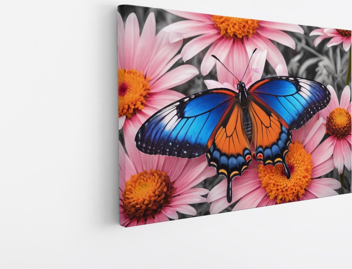 Saammp Canvas Schilderij -Vlinder bij roze bloem - Dieren - Natuur - 90x60 - Foto op canvas - Wanddecoratie - muurdecoratie Woonkamer - Slaapkamer decoratie - Canvas Print Multicolor