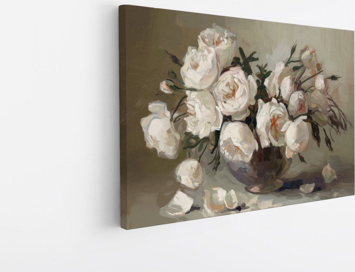 Saammp Canvas Schilderij - Witte Bloemen in vaas - Stilleven - Abstract - 120x80 - Foto op canvas - Wanddecoratie - Muurdecoratie Woonkamer - Kantoor Decoratie Multicolor