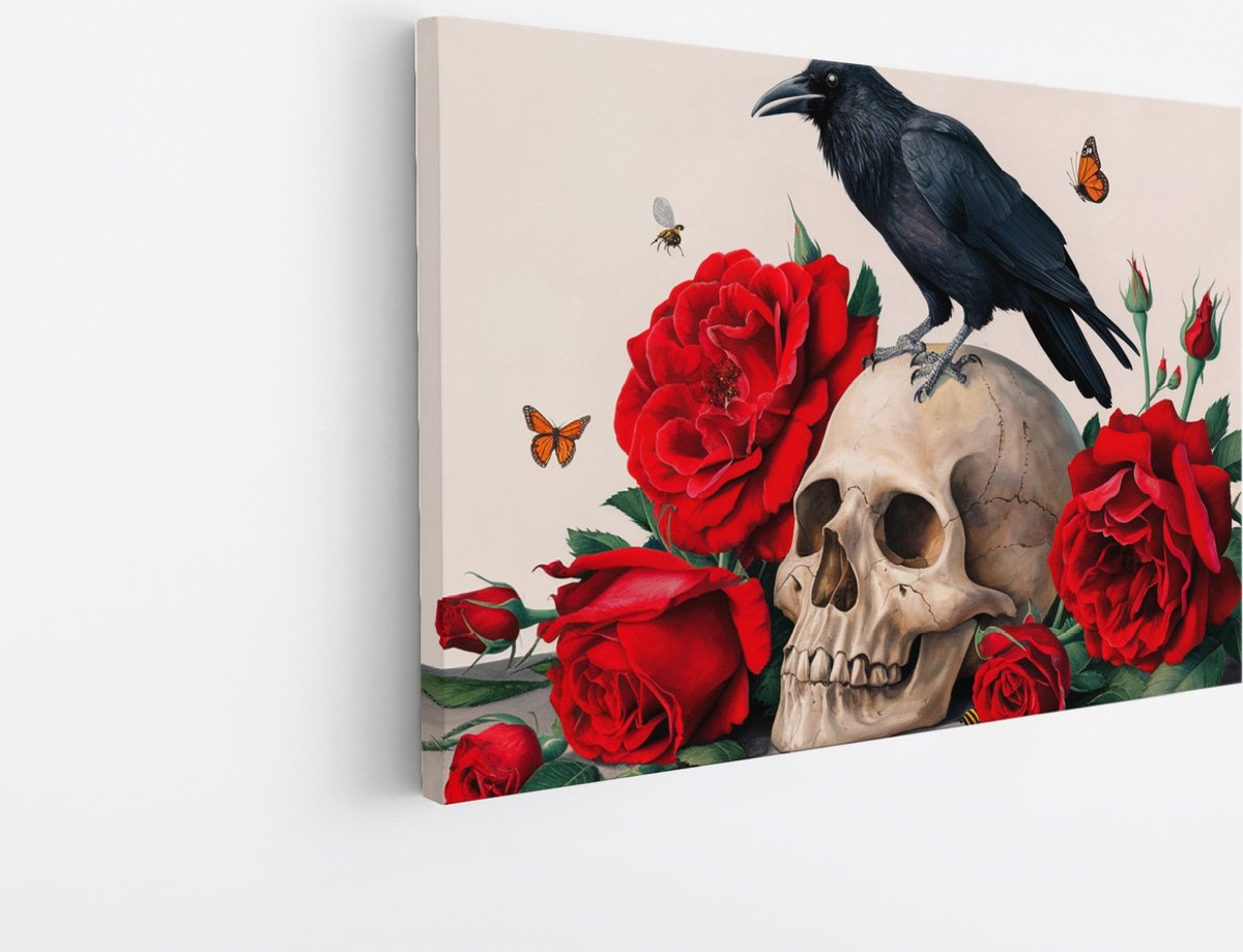 Saammp Canvas Schilderij - Kraai op Schedel met Rode Rozen - bloemen - Abstract - 120x80 - Foto op canvas - Wanddecoratie - Muurdecoratie Woonkamer - Kantoor Decoratie Multicolor